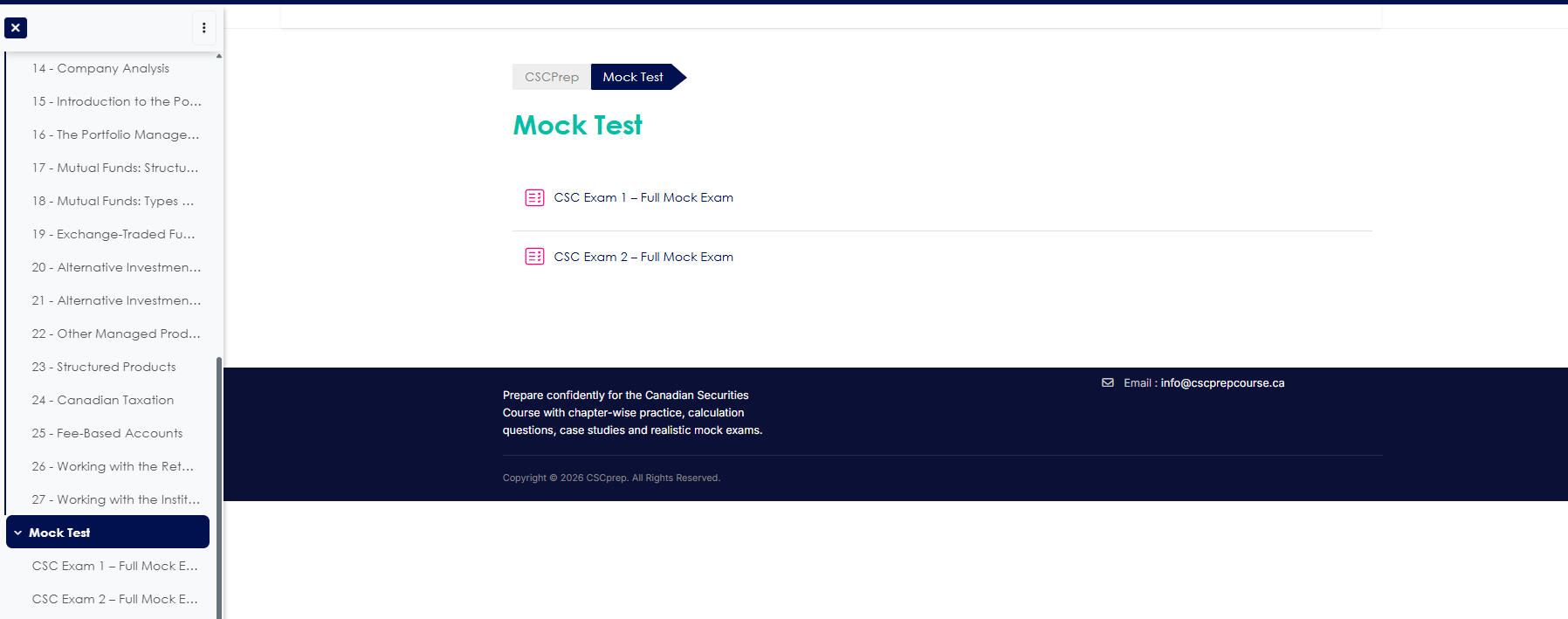 CSCprep mock test selection screen