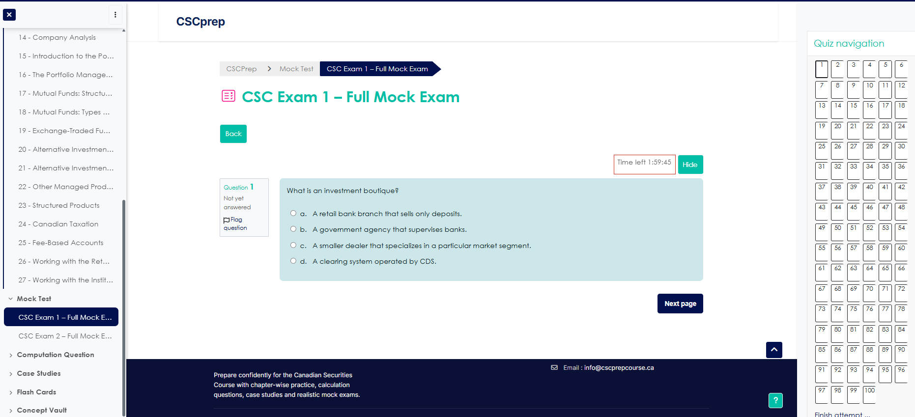 CSCprep Exam 1 full mock exam interface